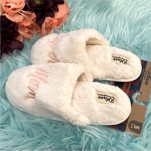 Women’s Slippers cream & Pink Dluxe Dearfoam Super Mom Slip Ons SML 5-6 NEW! - Picture 4 of 7